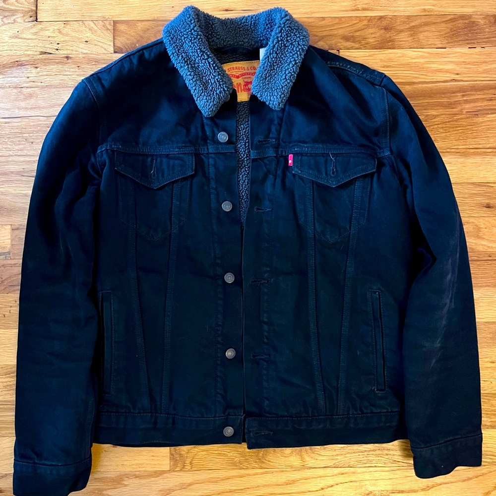 Levi’s Denim Sherpa Trucker Jacket - Black Regular Fit Mens Size Large